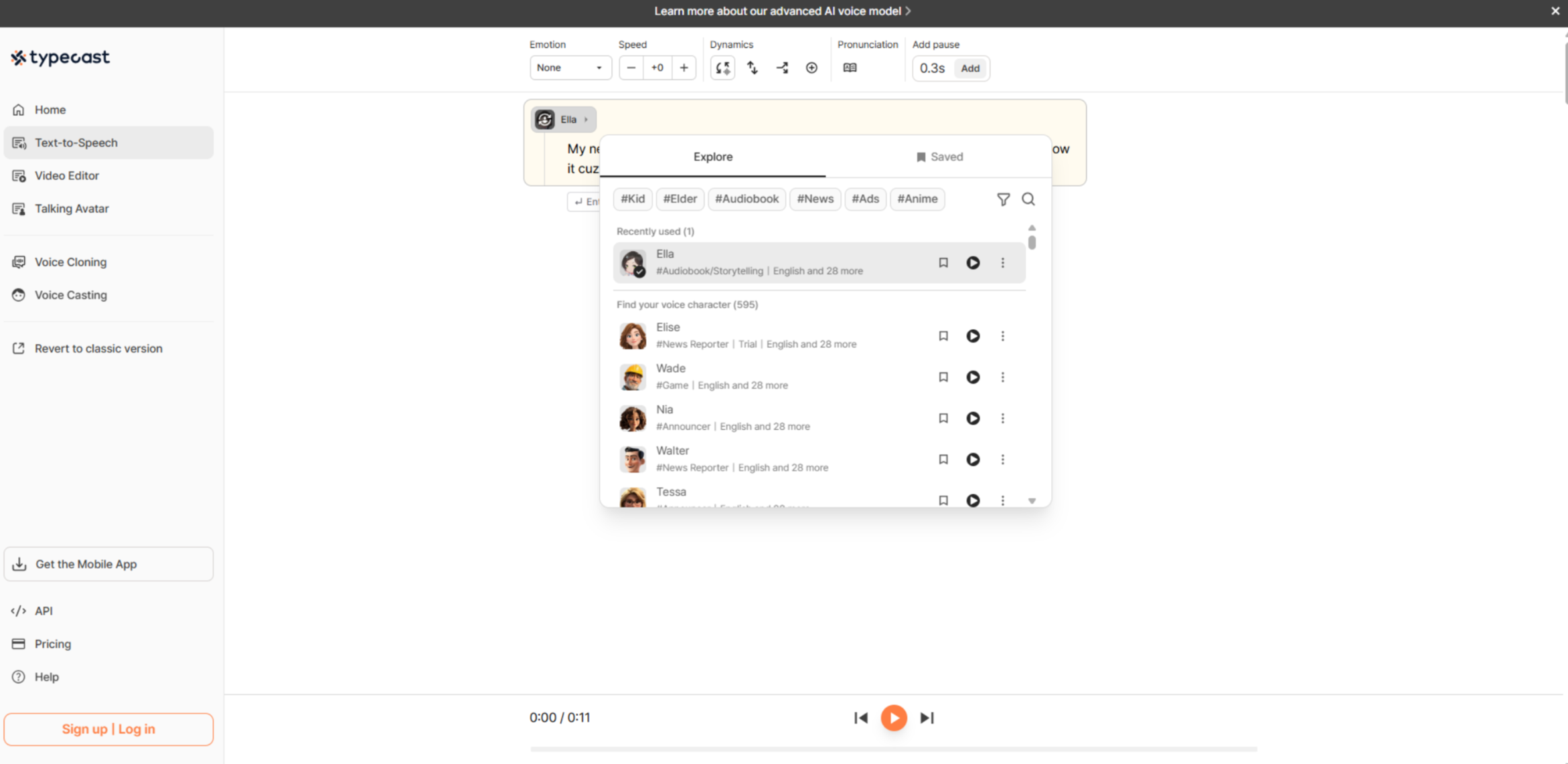 Interface of Typecast - another free child text to speech converter
