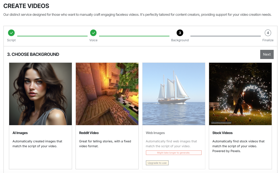 Schnittstelle Nullface.AI - ein einfach zu bedienender, gesichtsloser KI-Videomacher