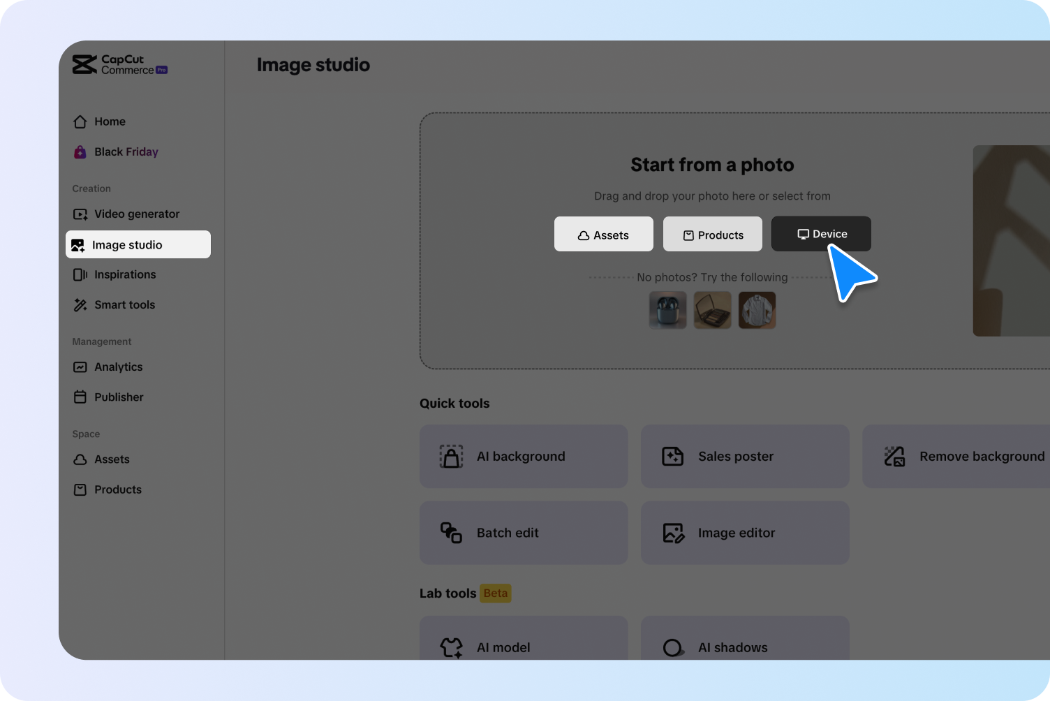 description=The main dashboard of Pippit, highlighting the "Image Studio" option in the left-hand menu.