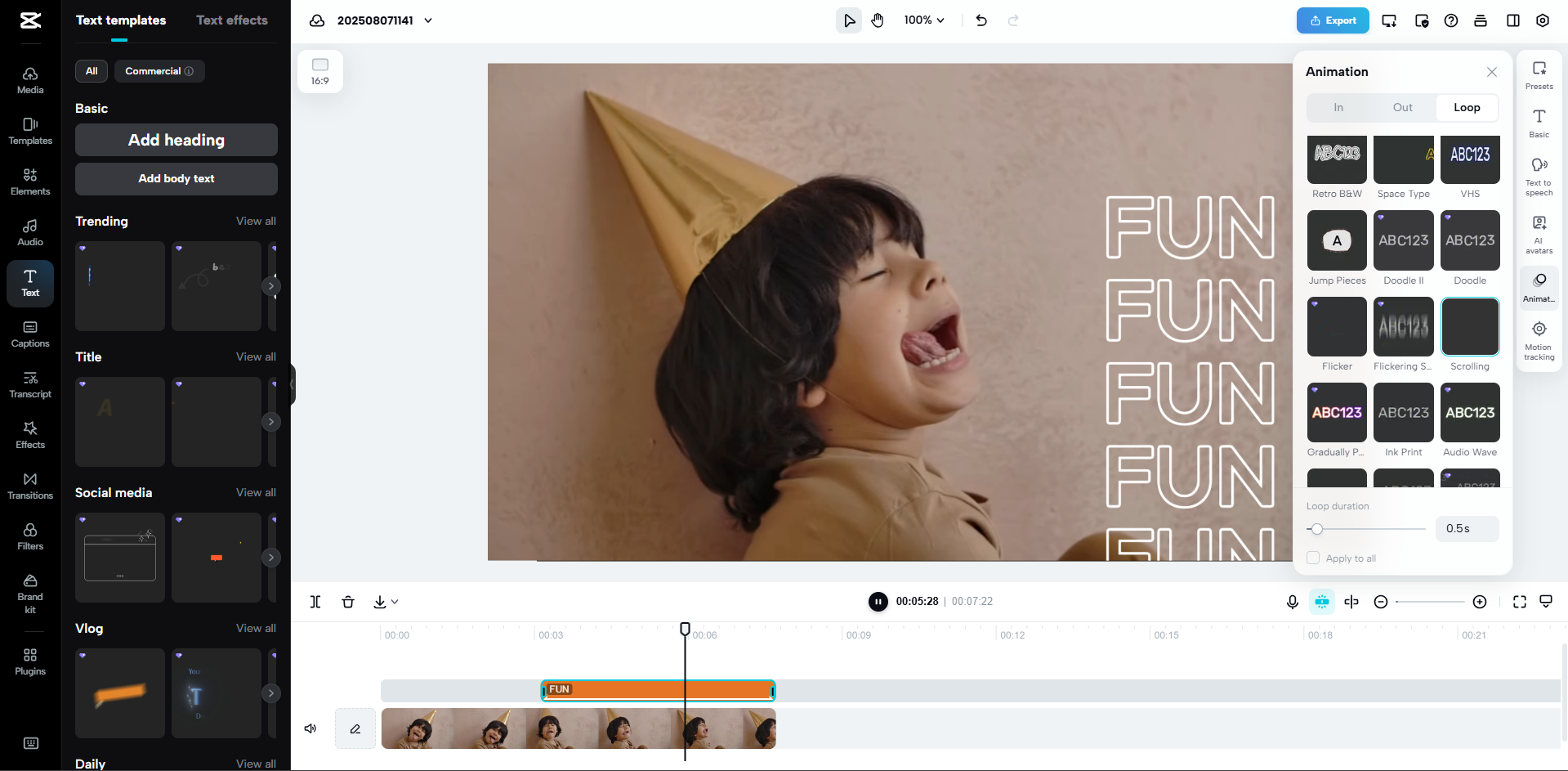 Interface of CapCut Web - an efficient scrolling text maker
