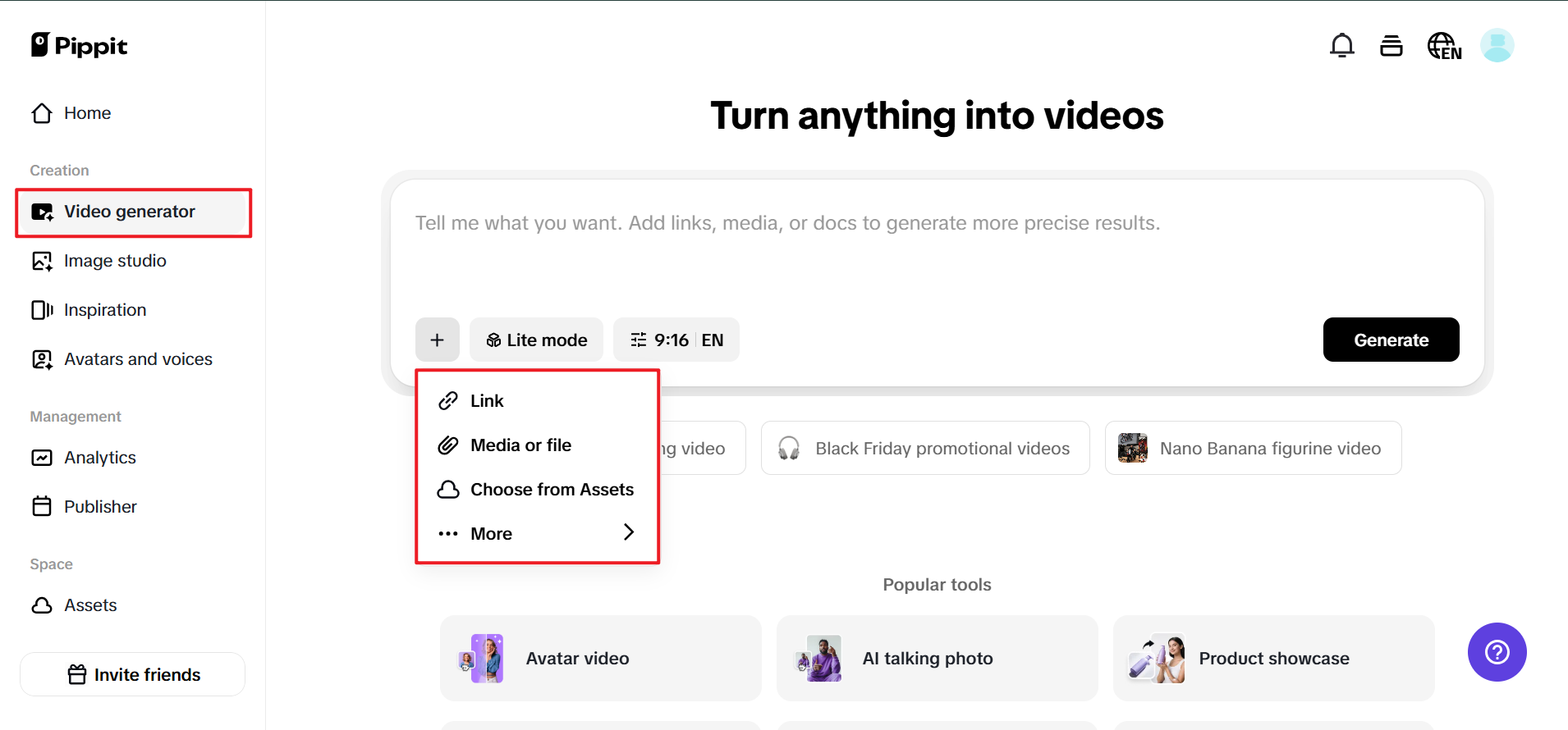 Go to the video generator and add media
