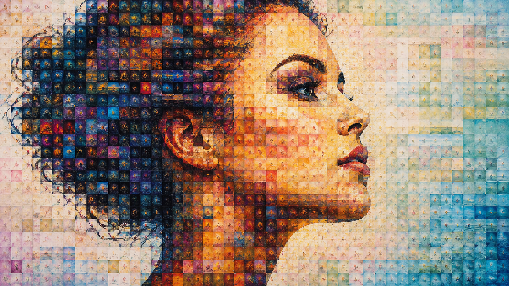 Dreamina Foto Mosaik Effekt prompt Beispiel 1: Farbe Fliese Mosaik Portrait