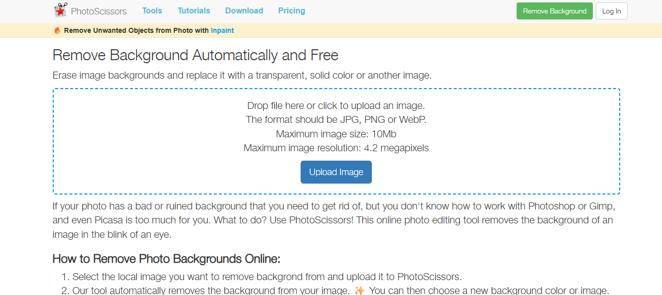 PhotoScissorsに写真をアップロードしてください。