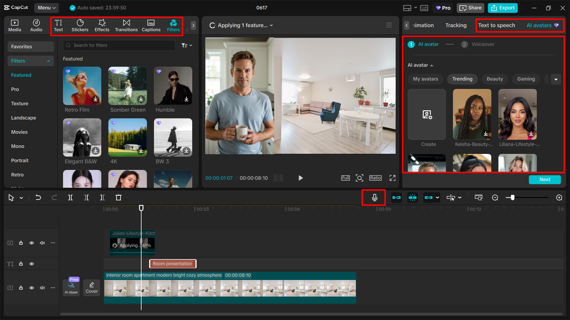 Editing the room video in the CapCut desktop video editor