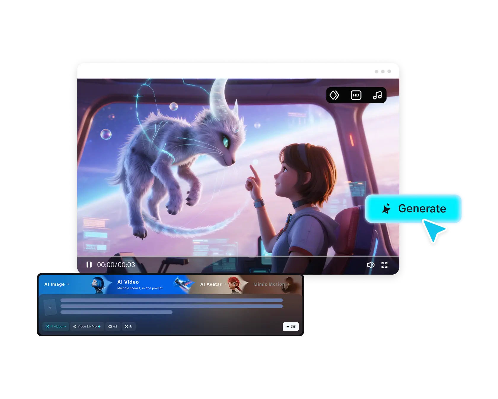 Dreamina Seedance 2.0 影片生成範例:皮克斯風格的小女孩與神獸場景