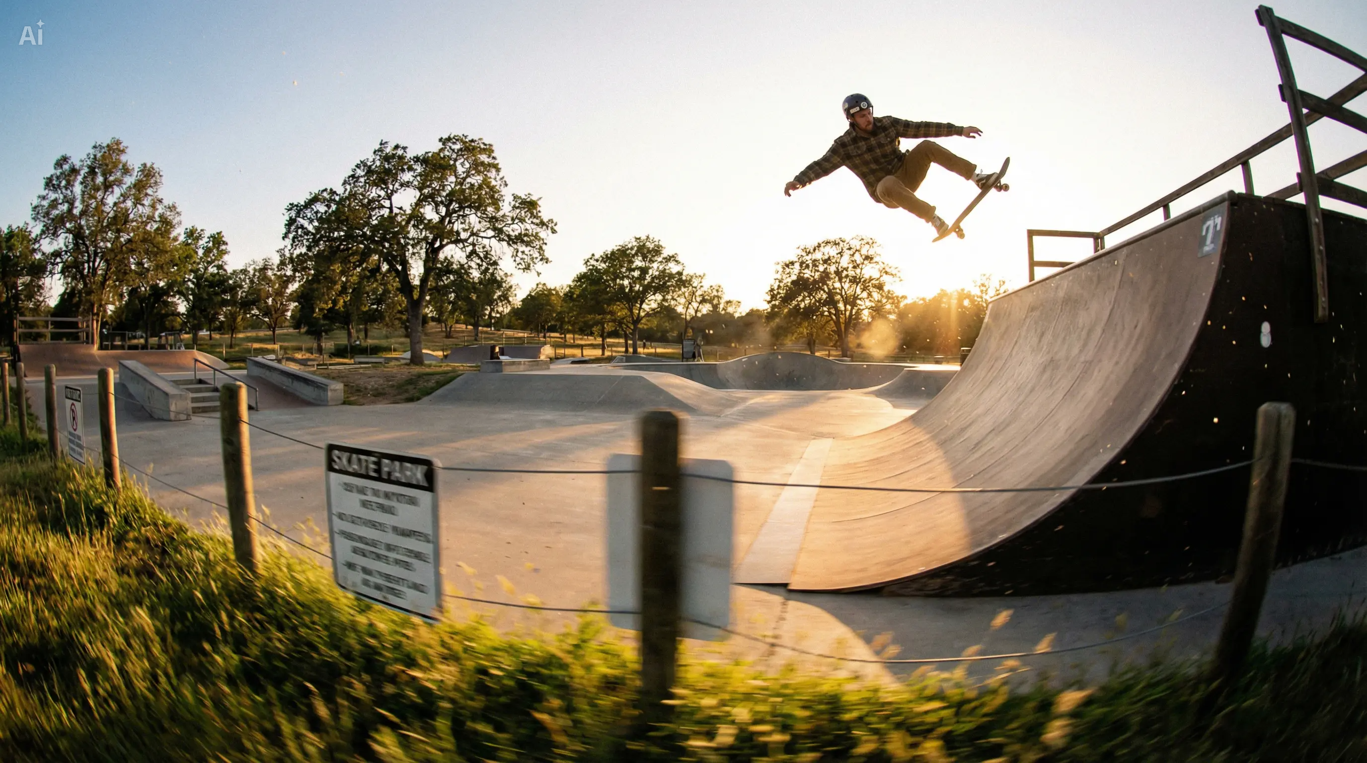 Skateboarder jumping in a wide-angle shot