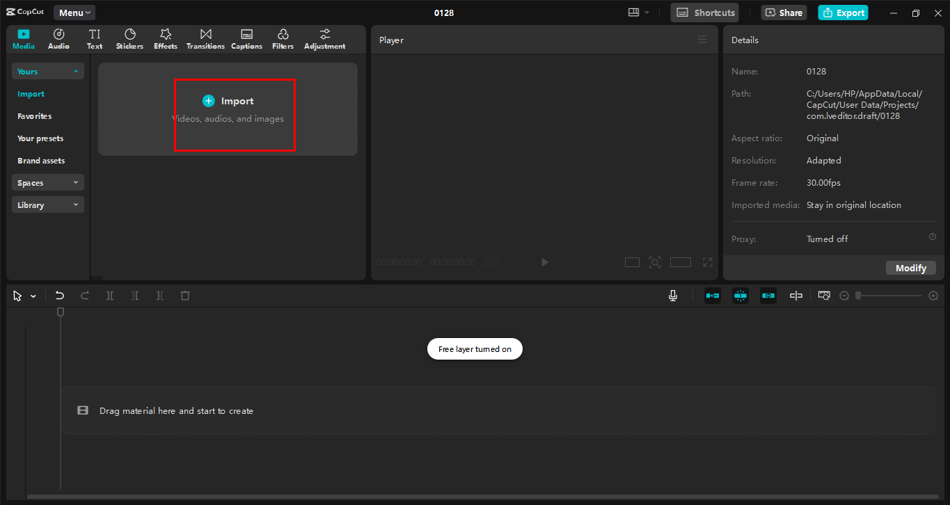 Importing video in the CapCut desktop video editor