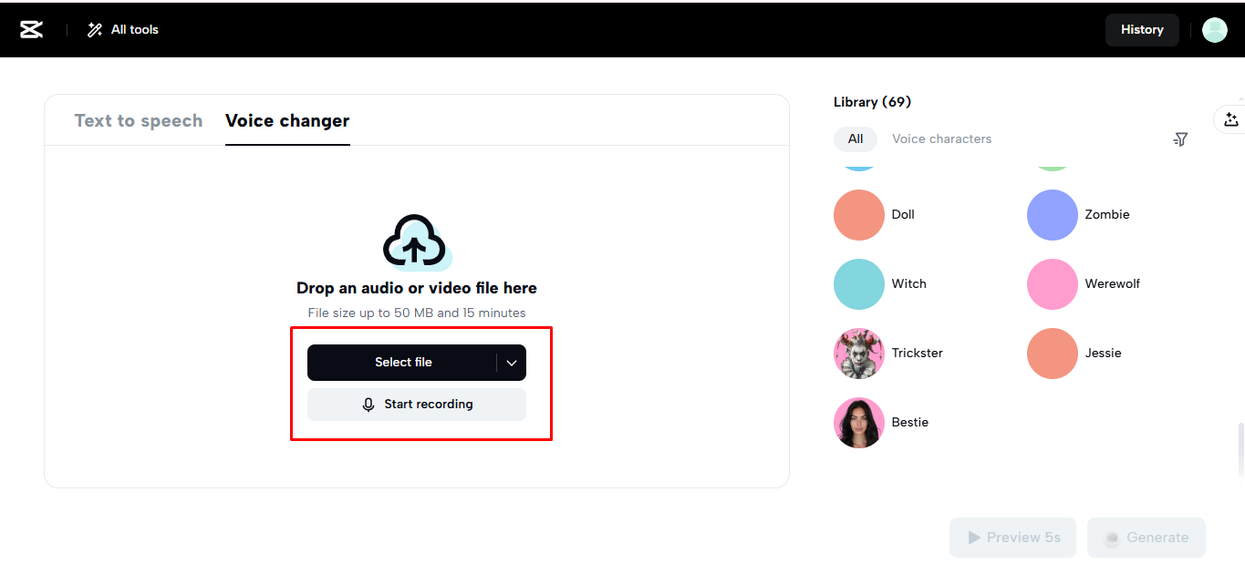 Nahrávání audia na CapCut Web