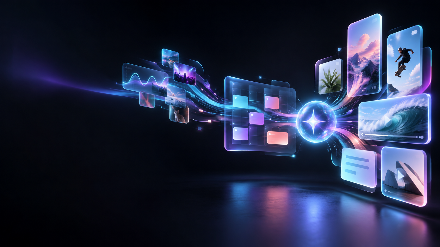 Abstract AI workflow connecting trend signals, a content calendar, and creative output cards