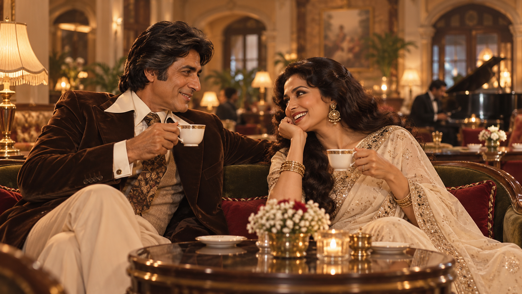 Amitabh Rekha กาแฟ AI วิดีโอ: คู่รักผู้ใหญ่หัวเราะเหนือกาแฟในที่เงียบสงบ