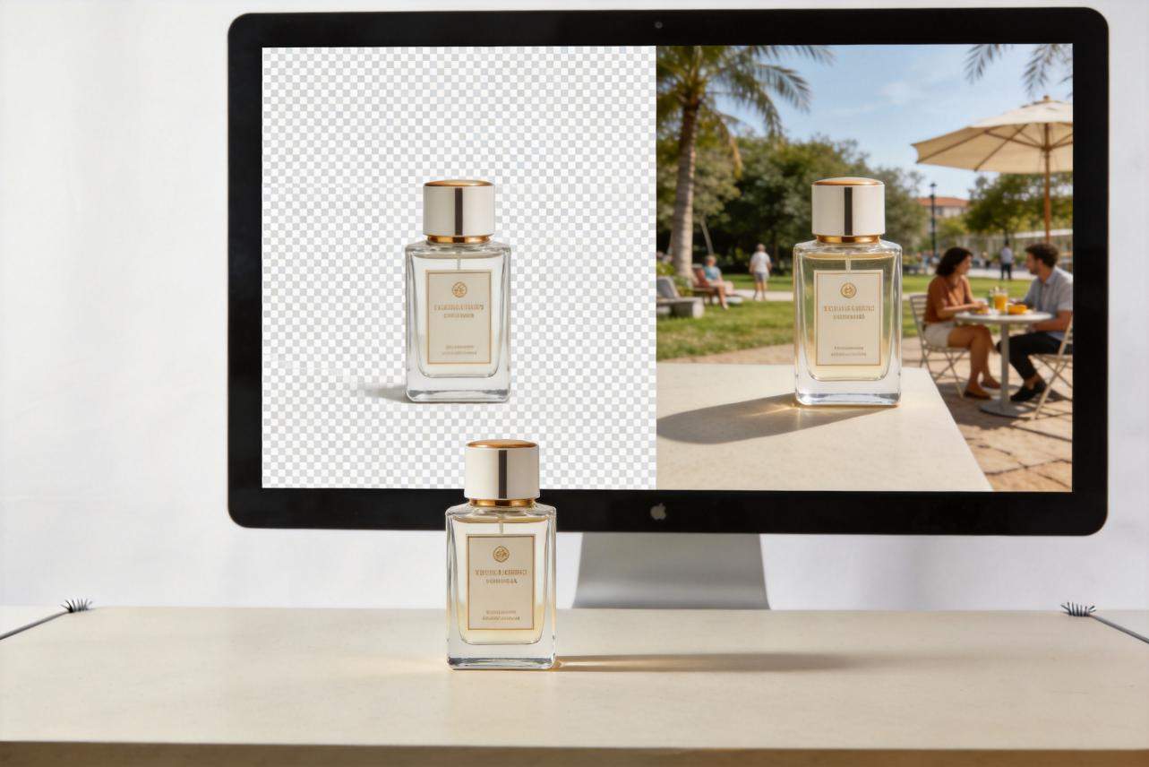 Computer screen showing a perfume bottle on transparent and outdoor backgrounds