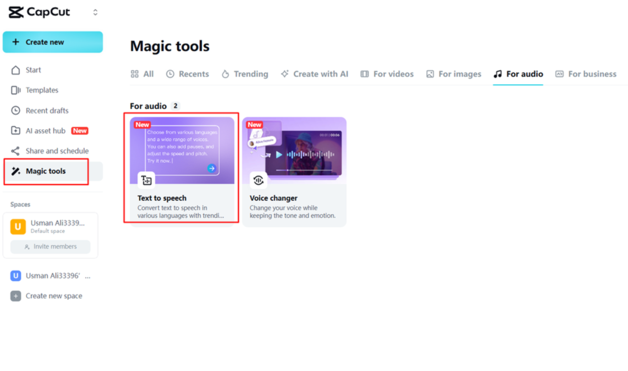 การเข้าถึงฟีเจอร์แปลงข้อความเป็นเสียงของ CapCut Web