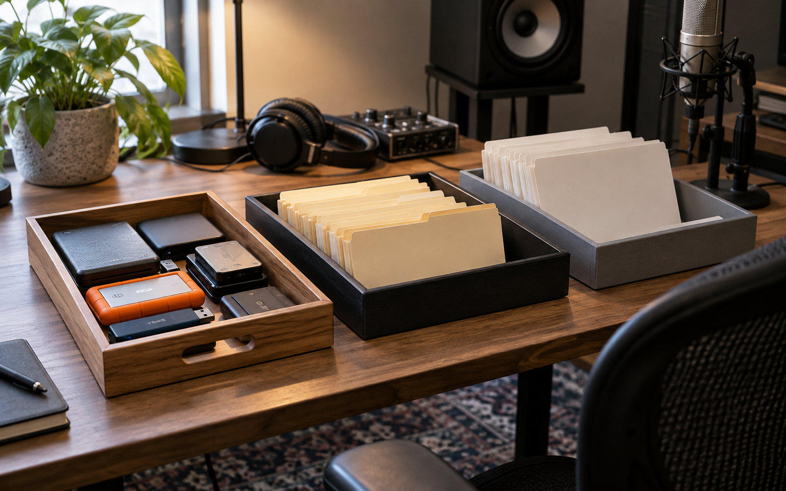 Three visibly separated trays holding storage drives and blank folders on an edit desk, neat source-selection-delivery organizational metaphor.