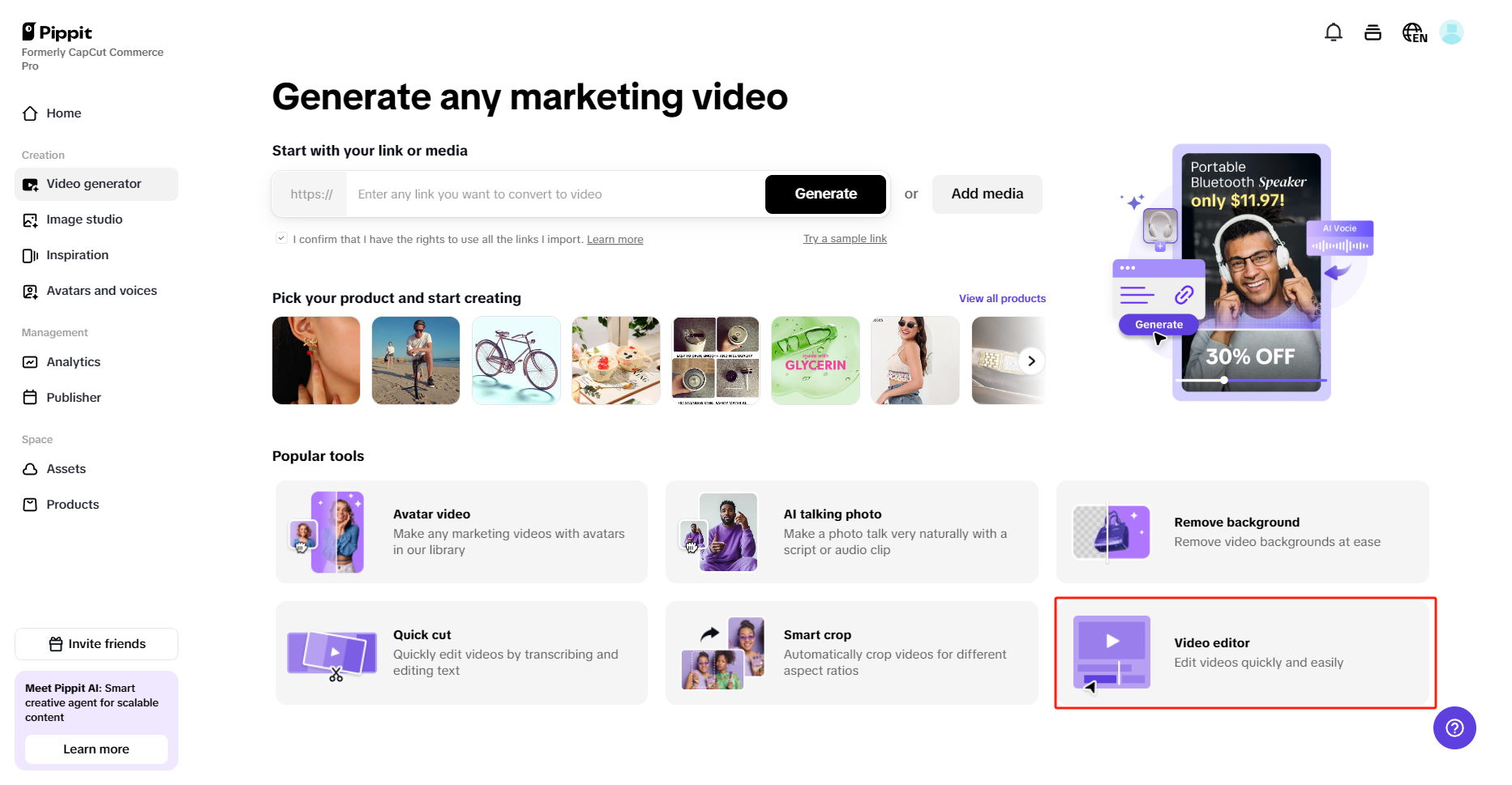 Acessando o editor de vídeos do Pippit