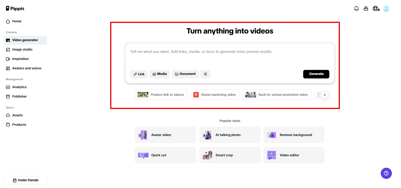 Smart video generator in Pippit