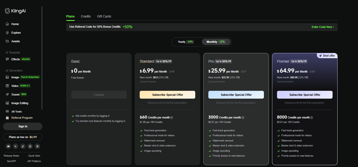 Pricing plans of Kling AI
