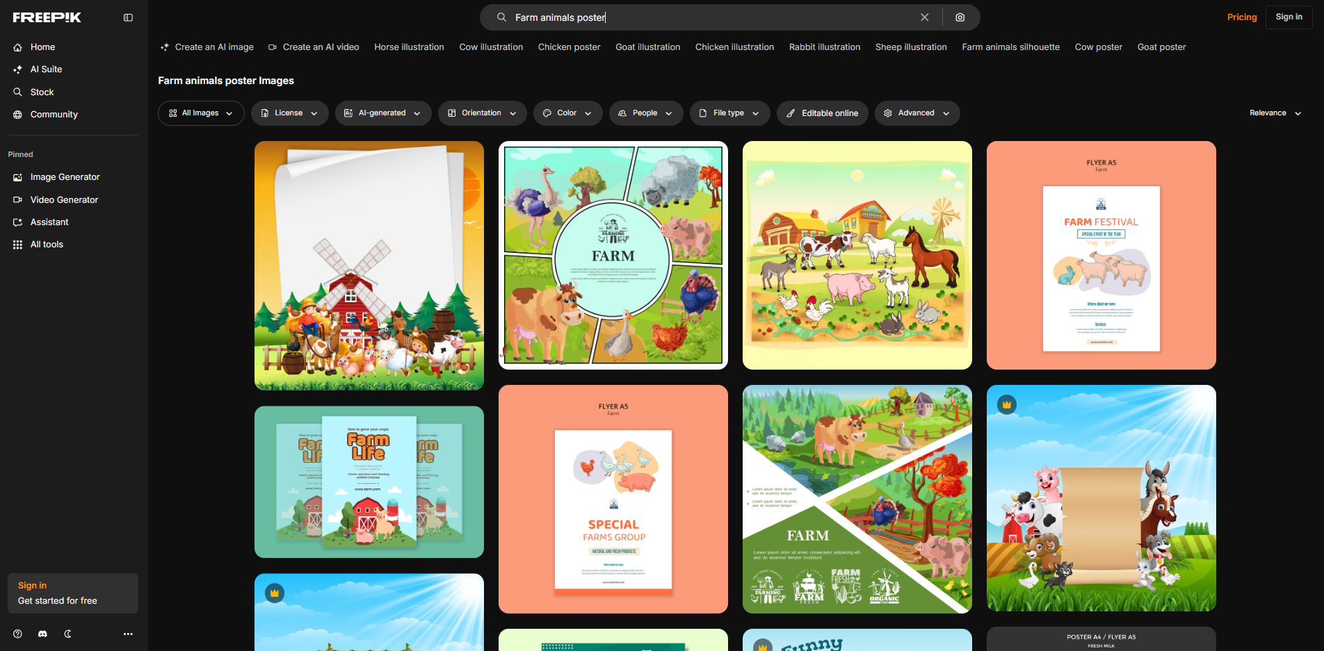 Interface of Freepik - a custom animal farm poster maker