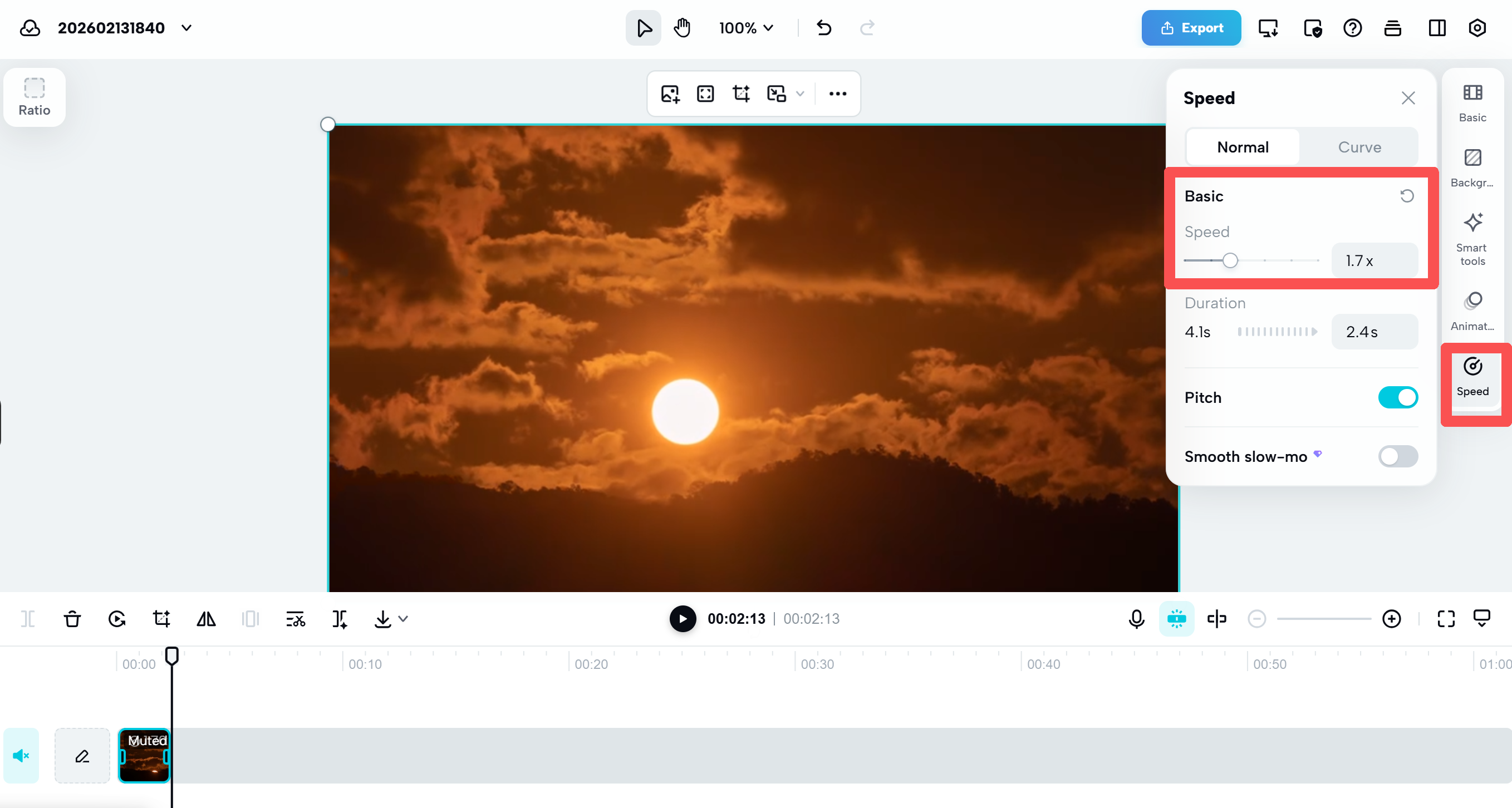 Increasing video speed for time-lapse effect in CapCut online