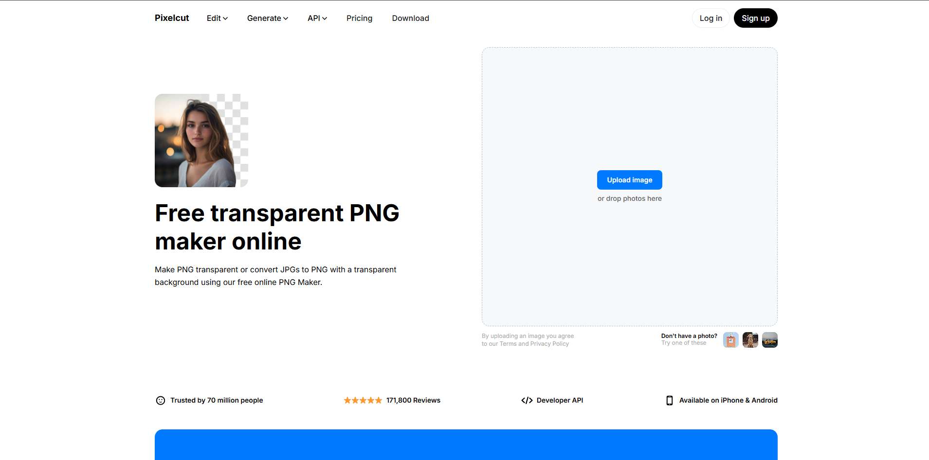 Interface of Pixelcut - a versatile online JPEG to PNG converter