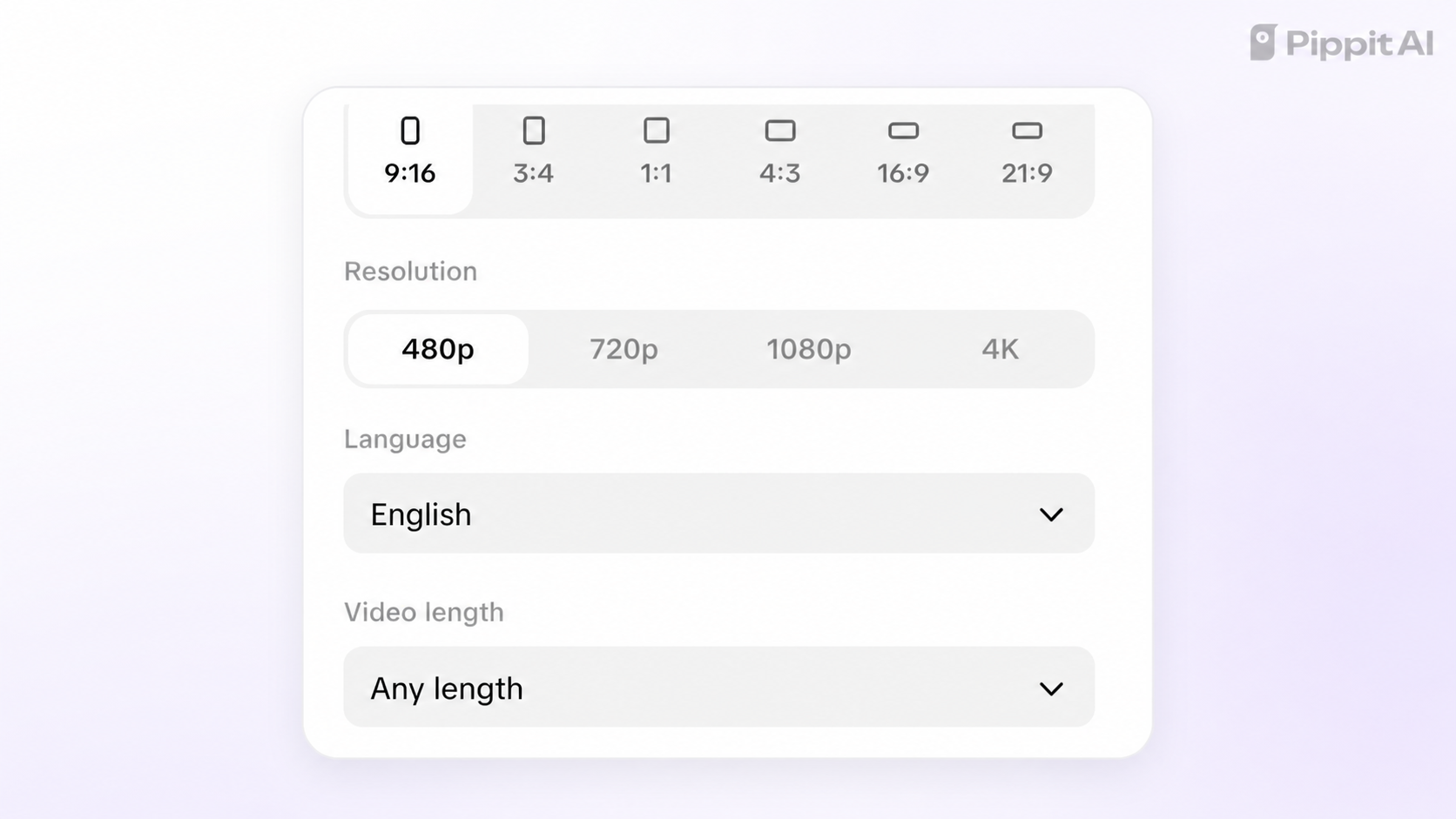 Video settings panel with aspect ratio, resolution, language, and video length options