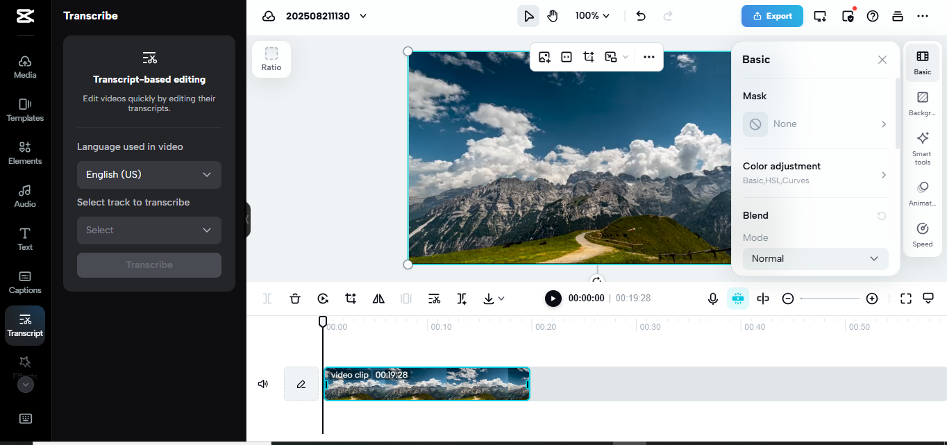 Interfaccia di CapCut Web come alternativa a Turboscribe AI