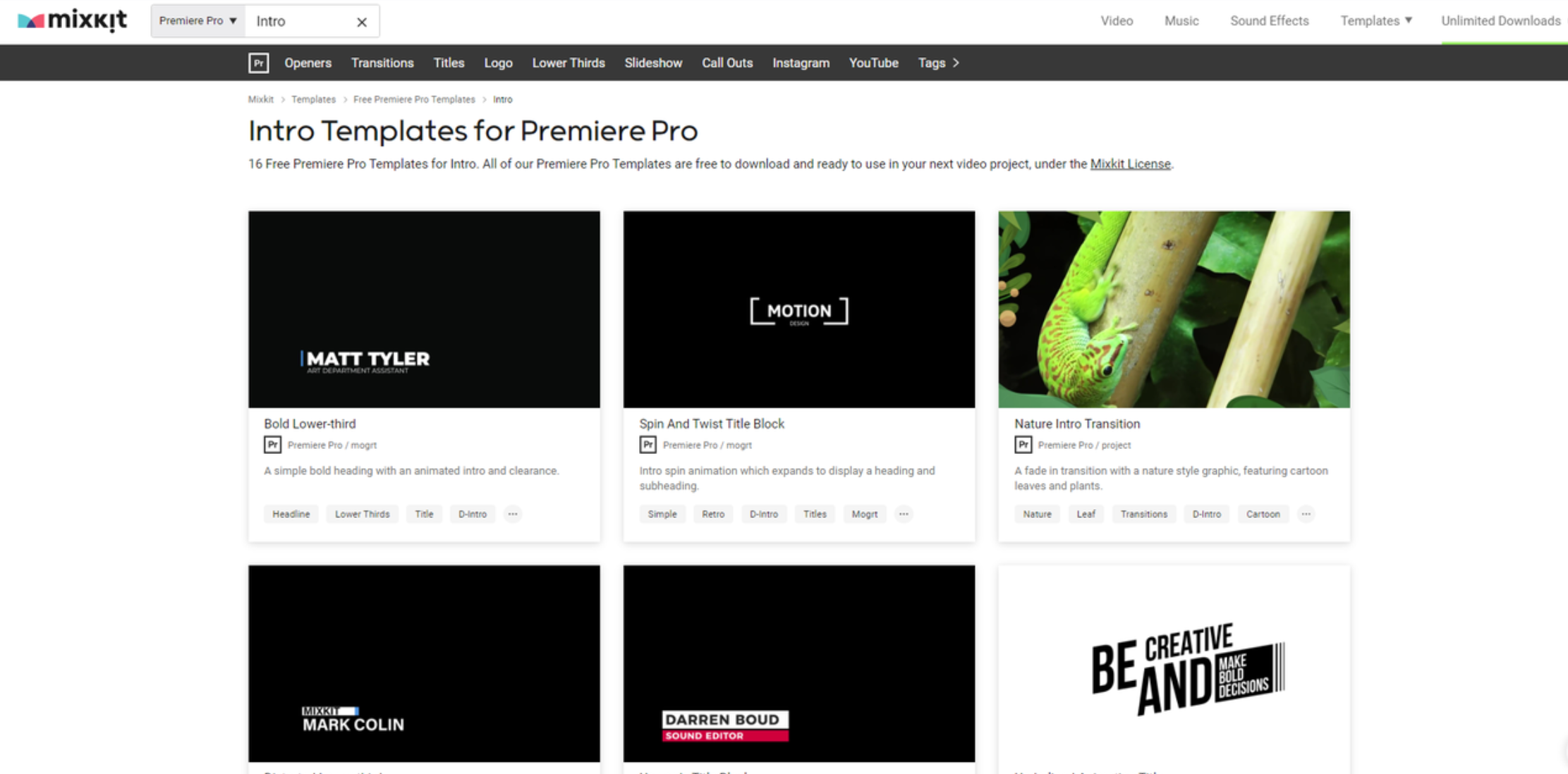 Mixkit предлагает выбор бесплатных шаблонов Premiere Pro