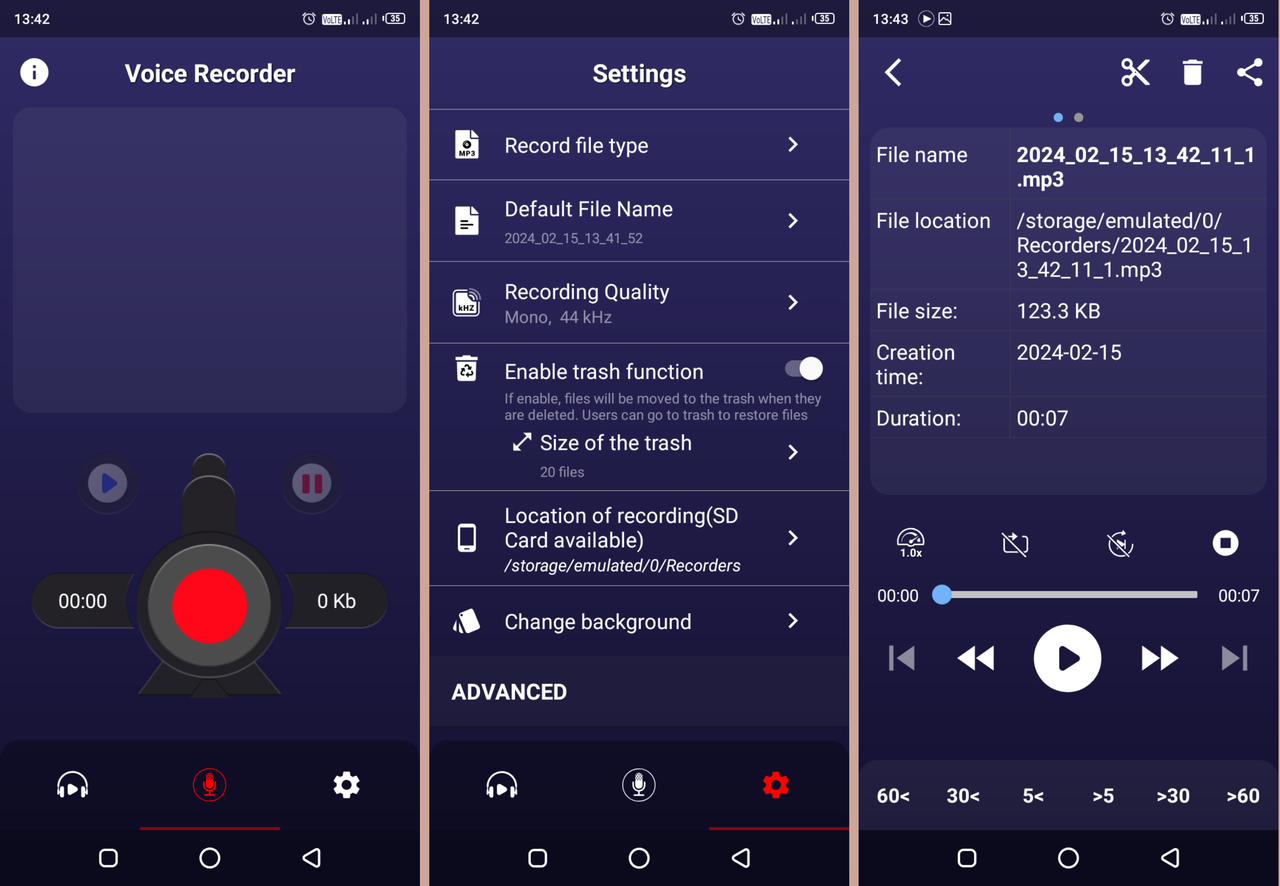 Voice Recorder app for Android phone interface