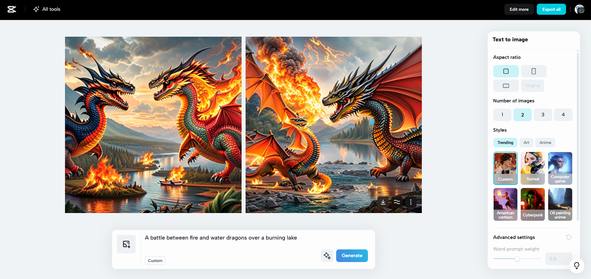 Interface of CapCut Web - an easy way to generate images with AI