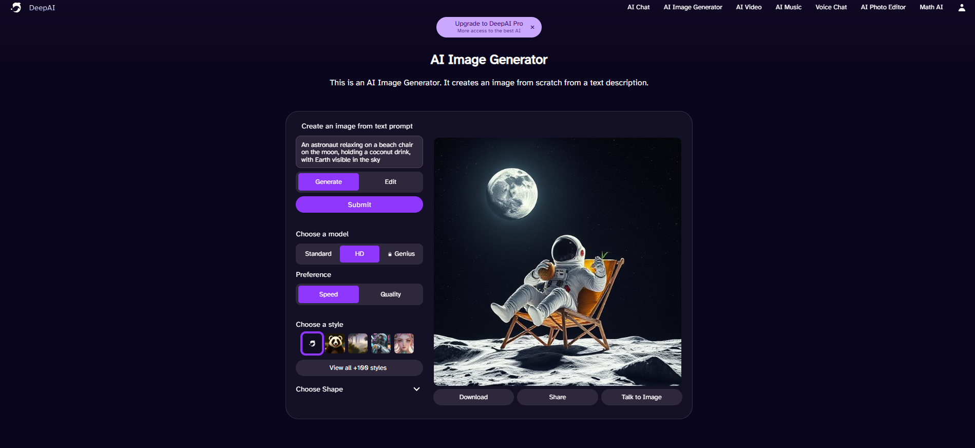 Interface of DeepAI - another AI text to image generator