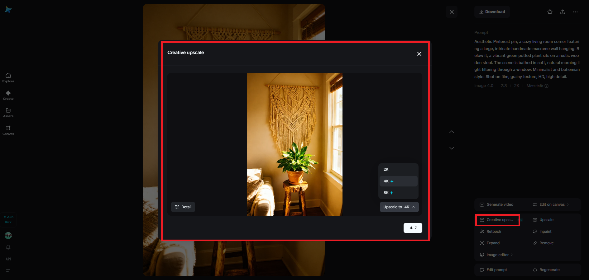 Creative upscale feature in Dreamina