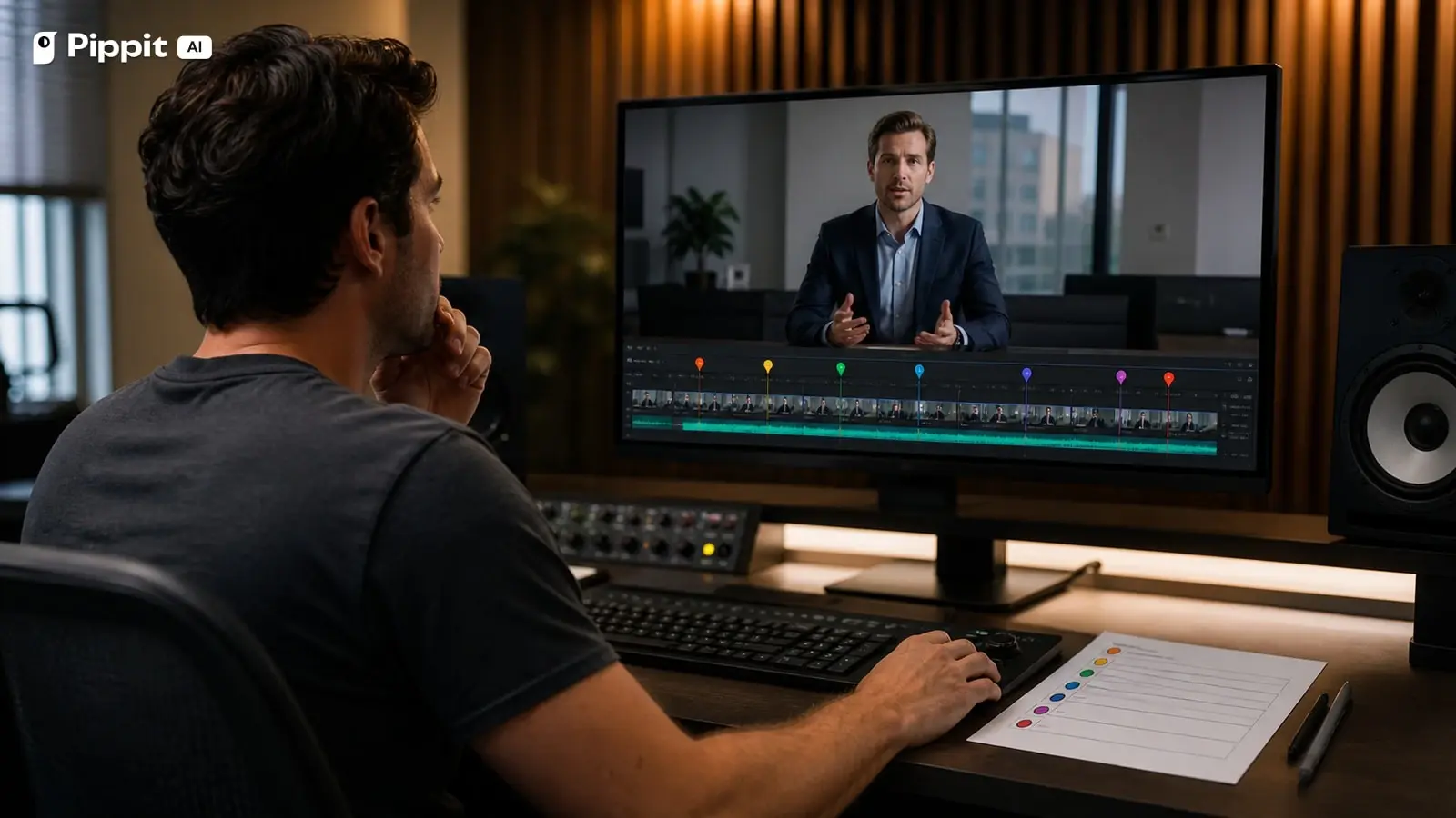 A video producer reviews seven high risk moments in a realistic AI avatar timeline.