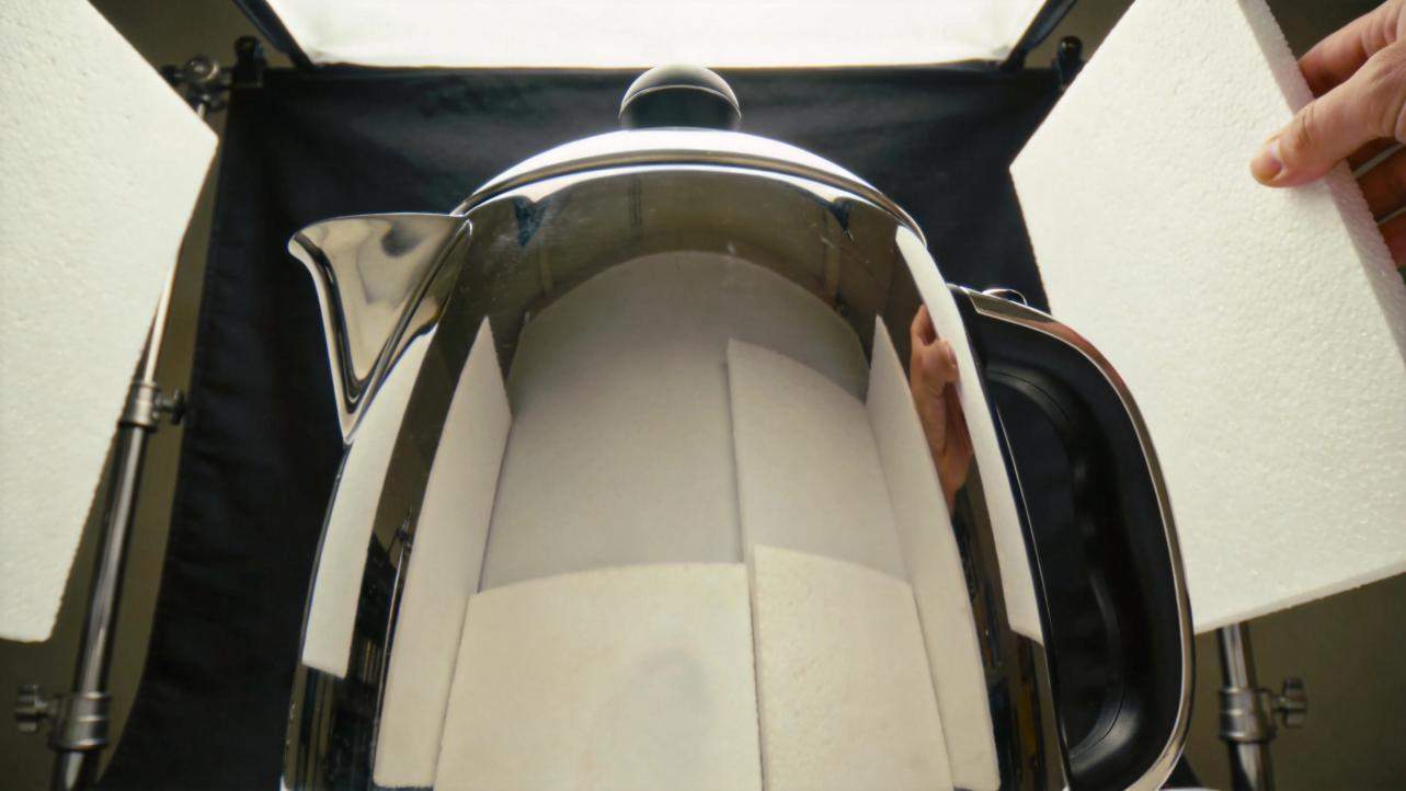 Shiny kettle surrounded by foam boards used to reduce glare