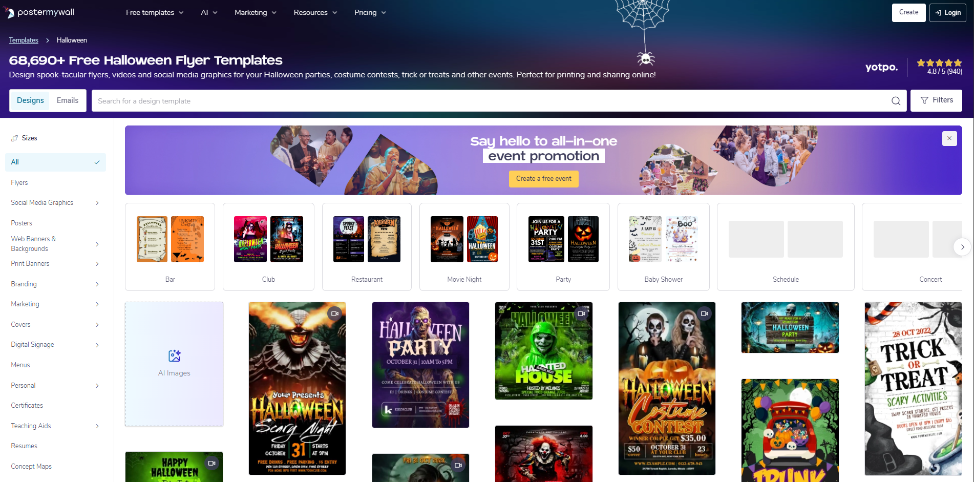 Interface of PosterMyWall - an online resource for free Halloween flyer templates