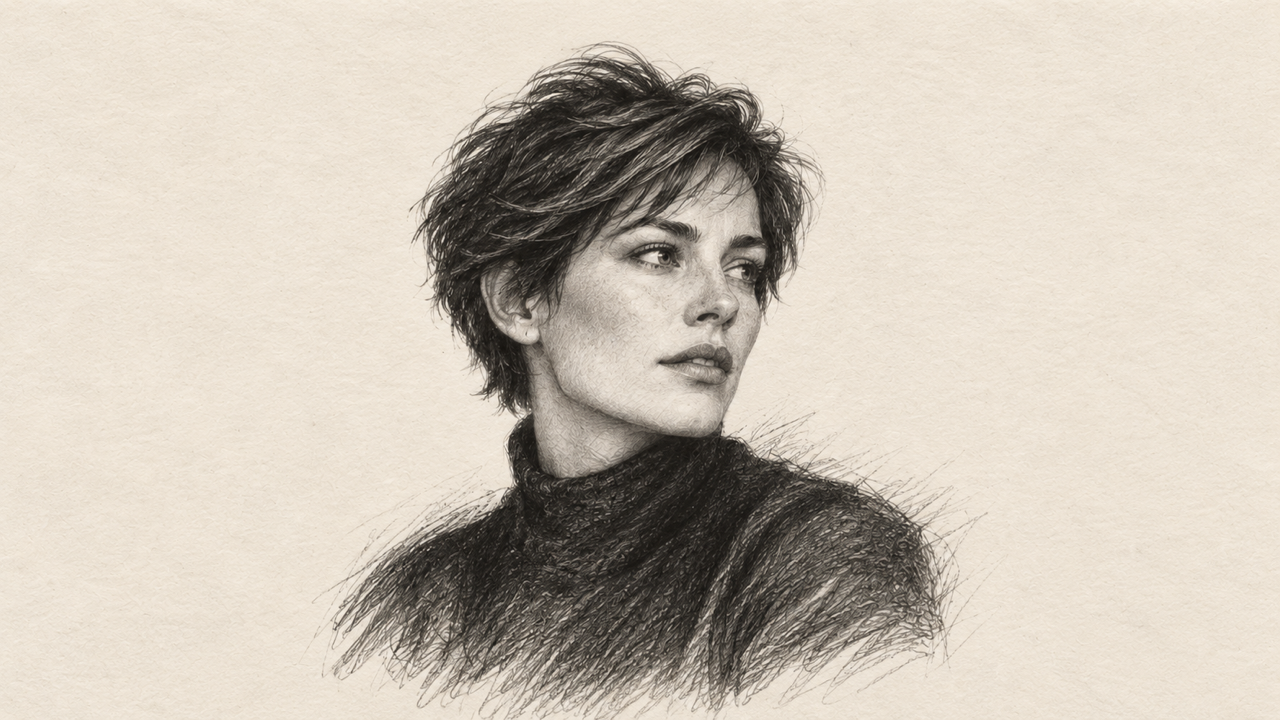 16:9 expressive monochrome graphite and charcoal-pencil portrait of adult woman with short textured hair and high-neck charcoal top, thoughtful three-quarter pose, energetic crosshatching, precise eyes, loose shoulder edges, off-white textured paper, no tools or writing.