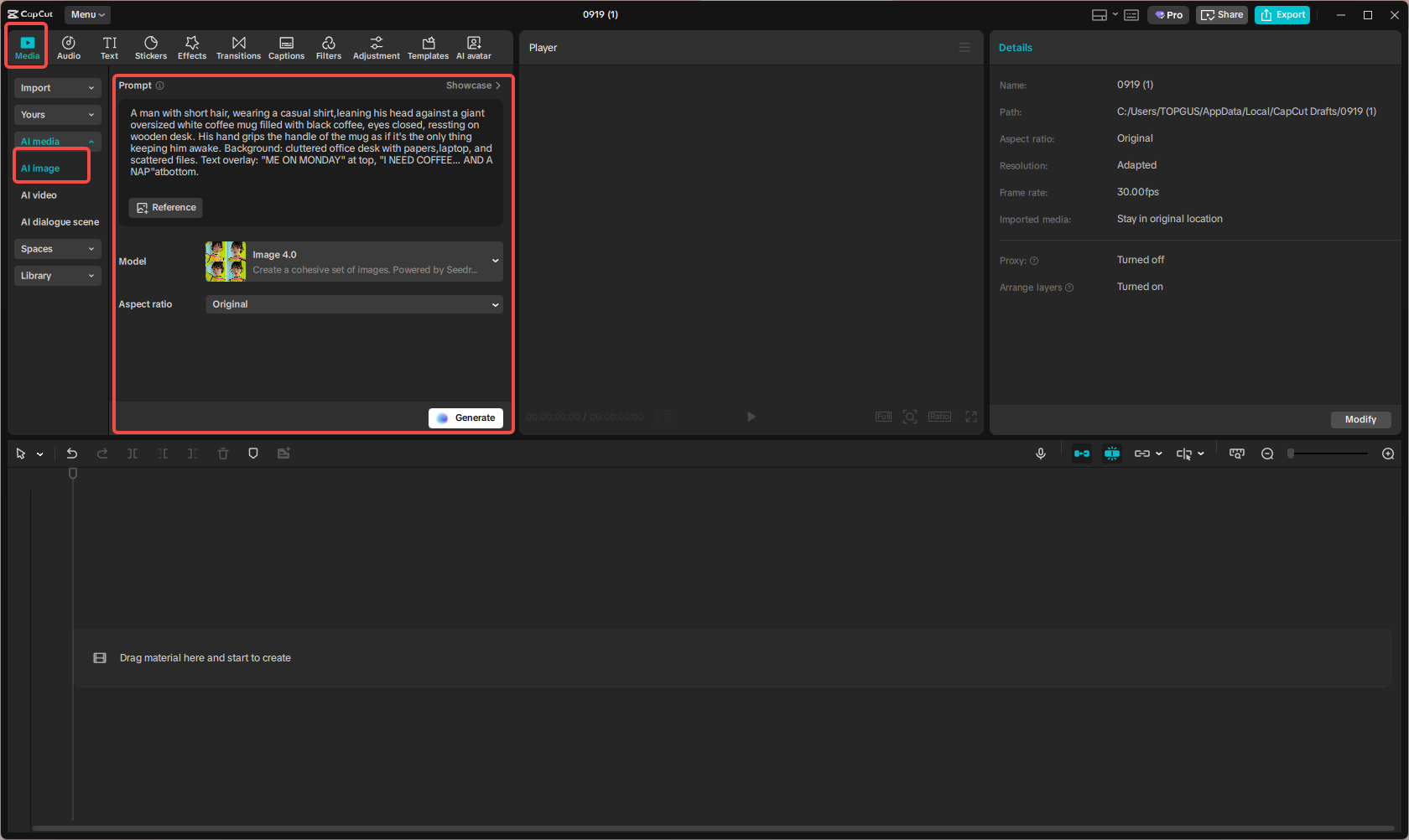 Accessing the AI image generator feature in CapCut
