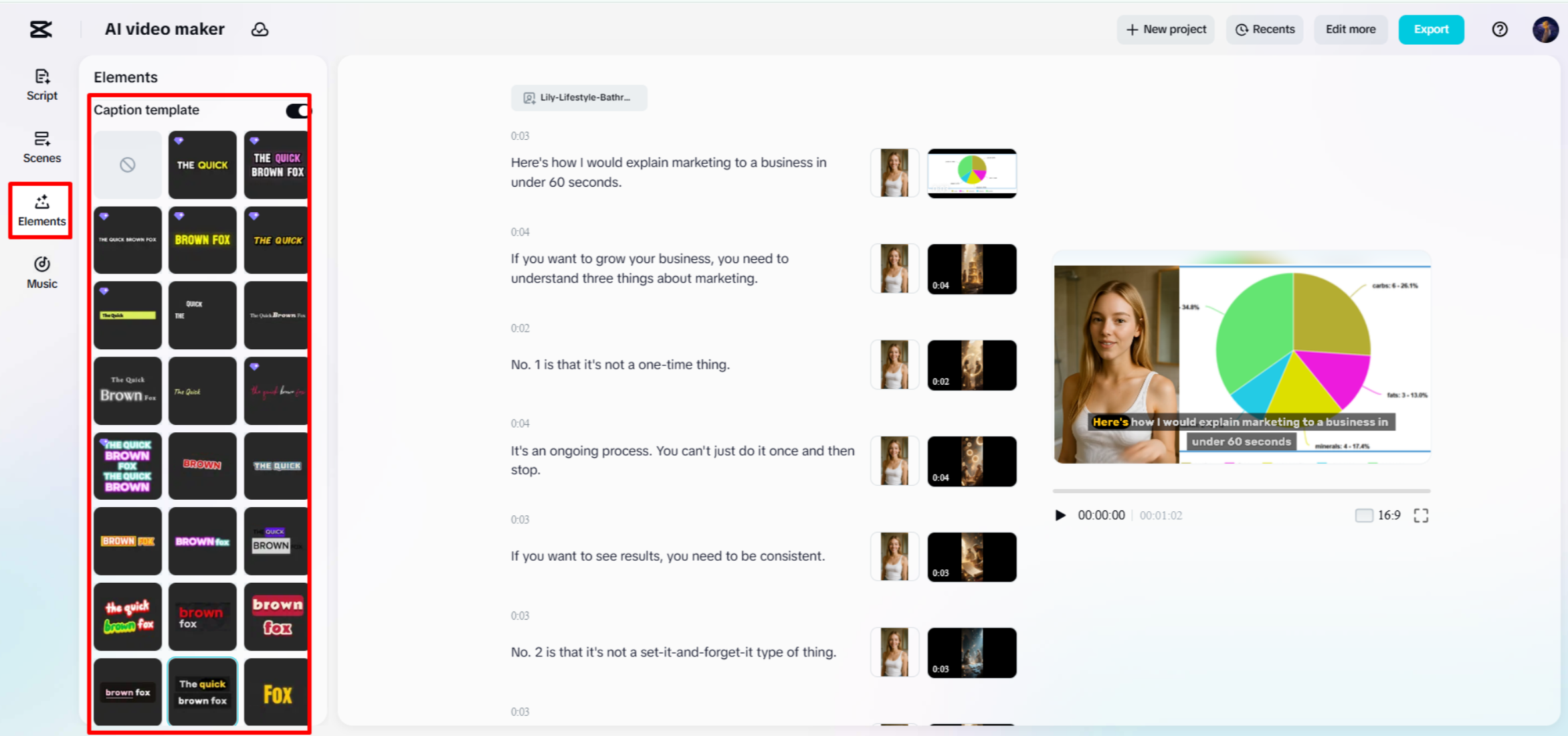 Adding captions to video in CapCut's AI video maker