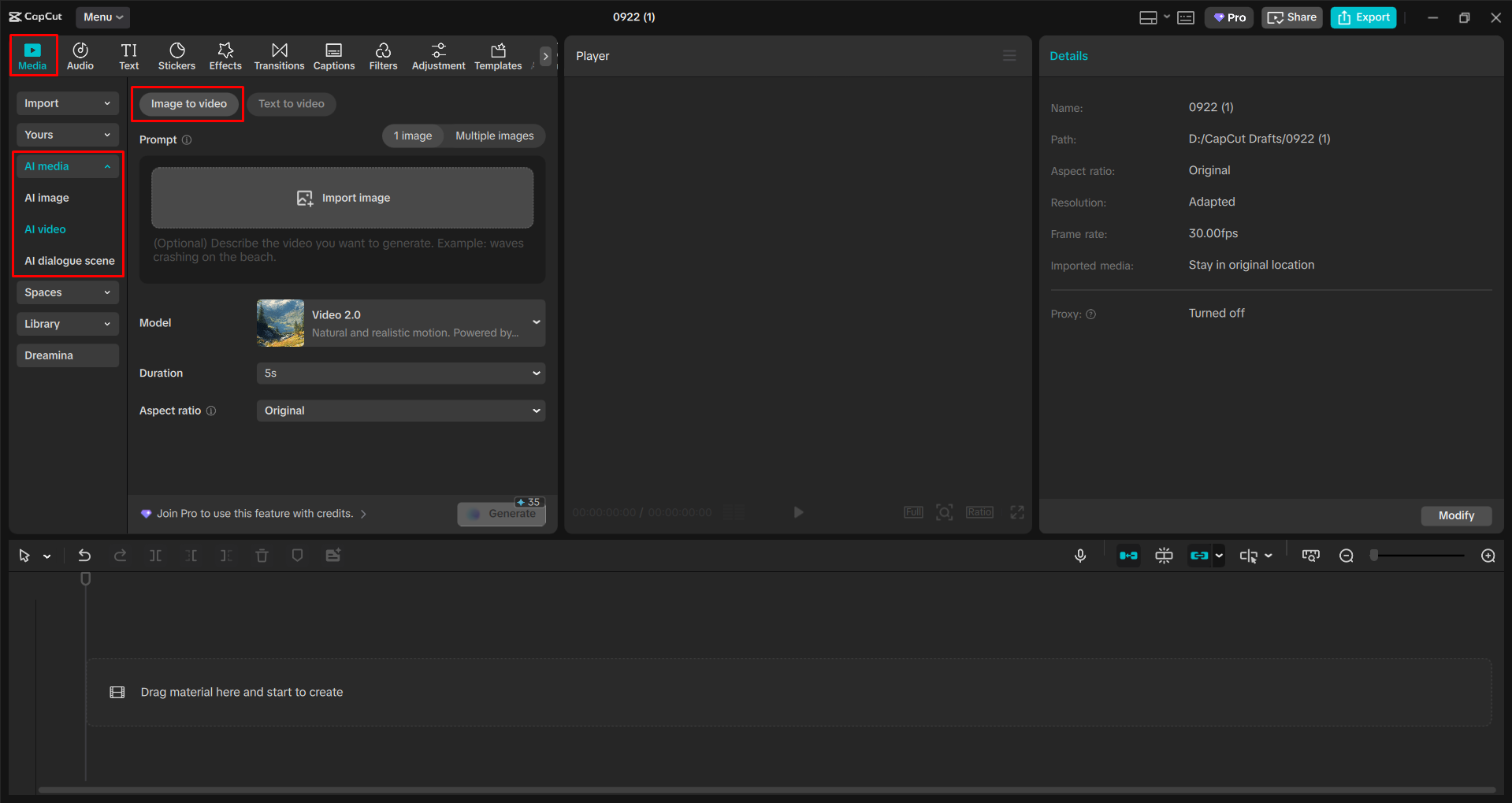 Accessing the AI video tool in the CapCut desktop video editor