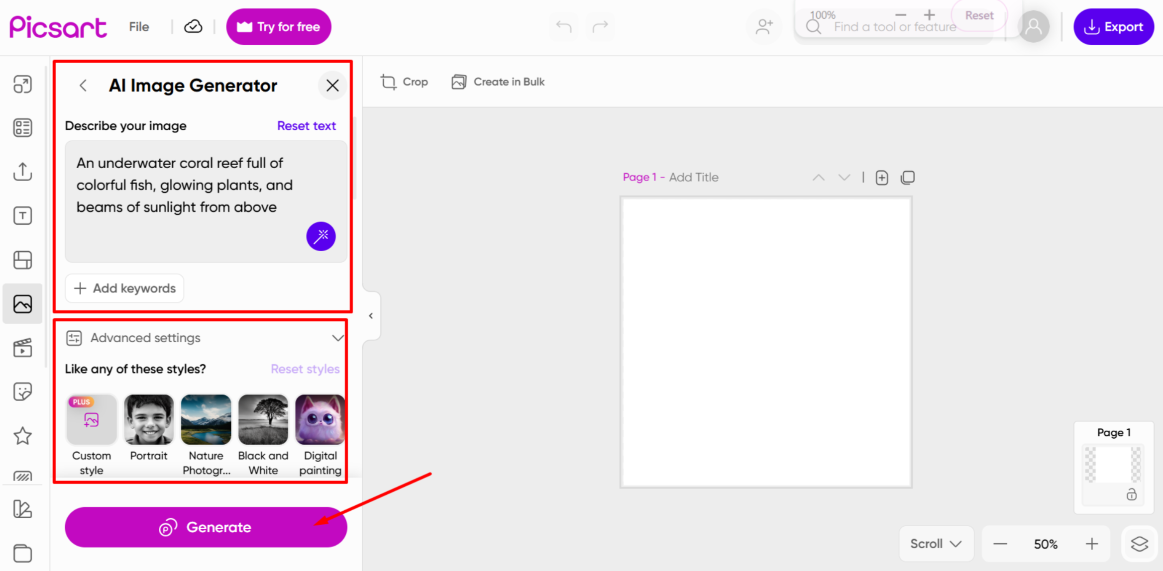Entering the image prompt in the Picsart AI image generator
