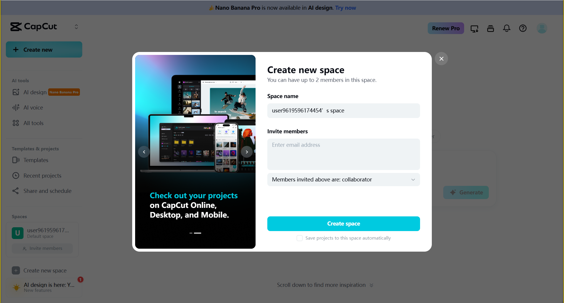 Navigate to the "Create new space" tab