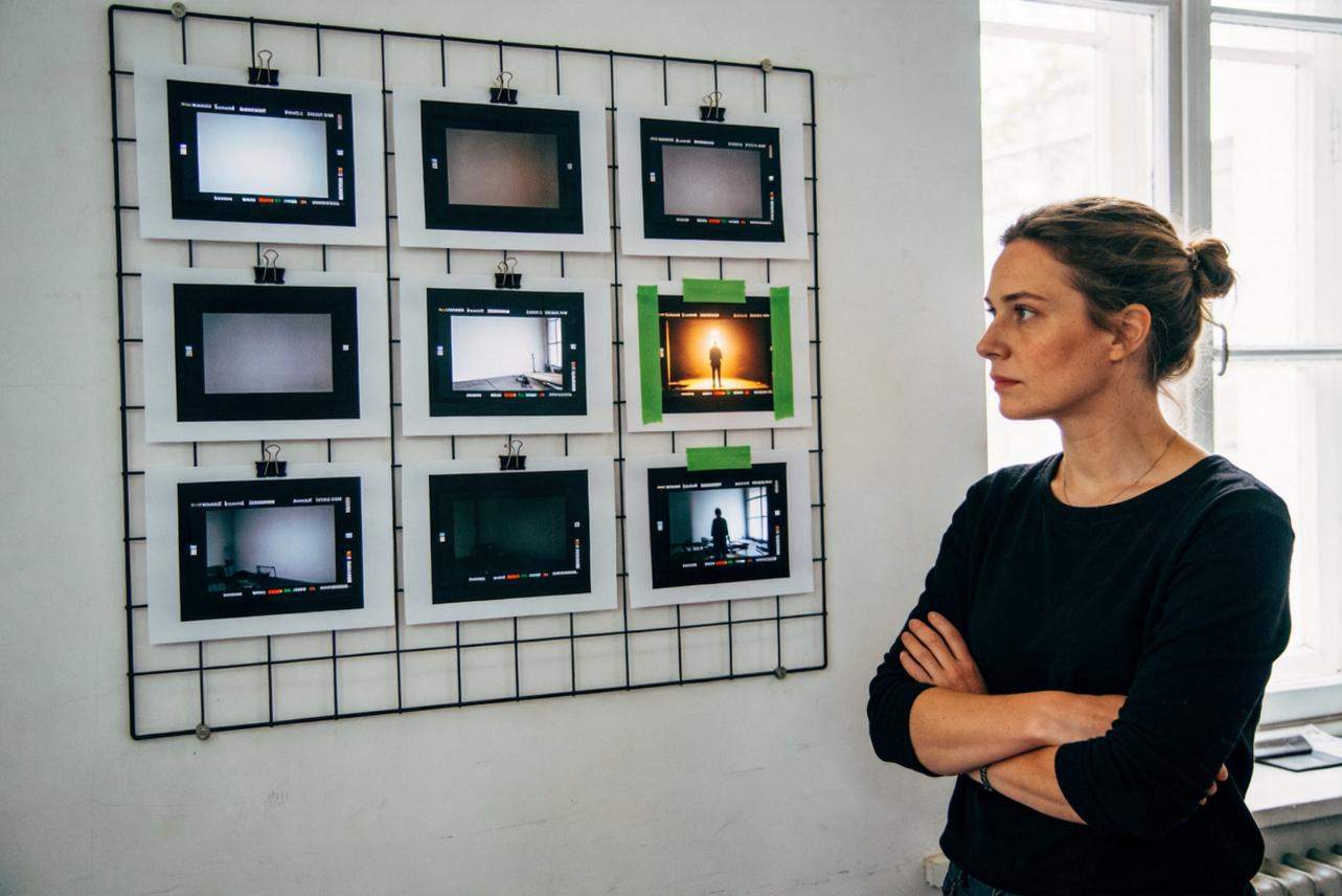 Woman studying a wall display of video frame thumbnails