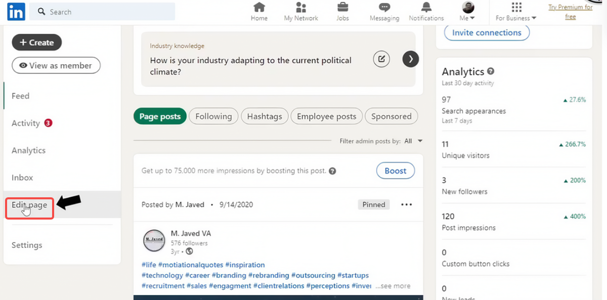 Access to the LinkedIn Edit page