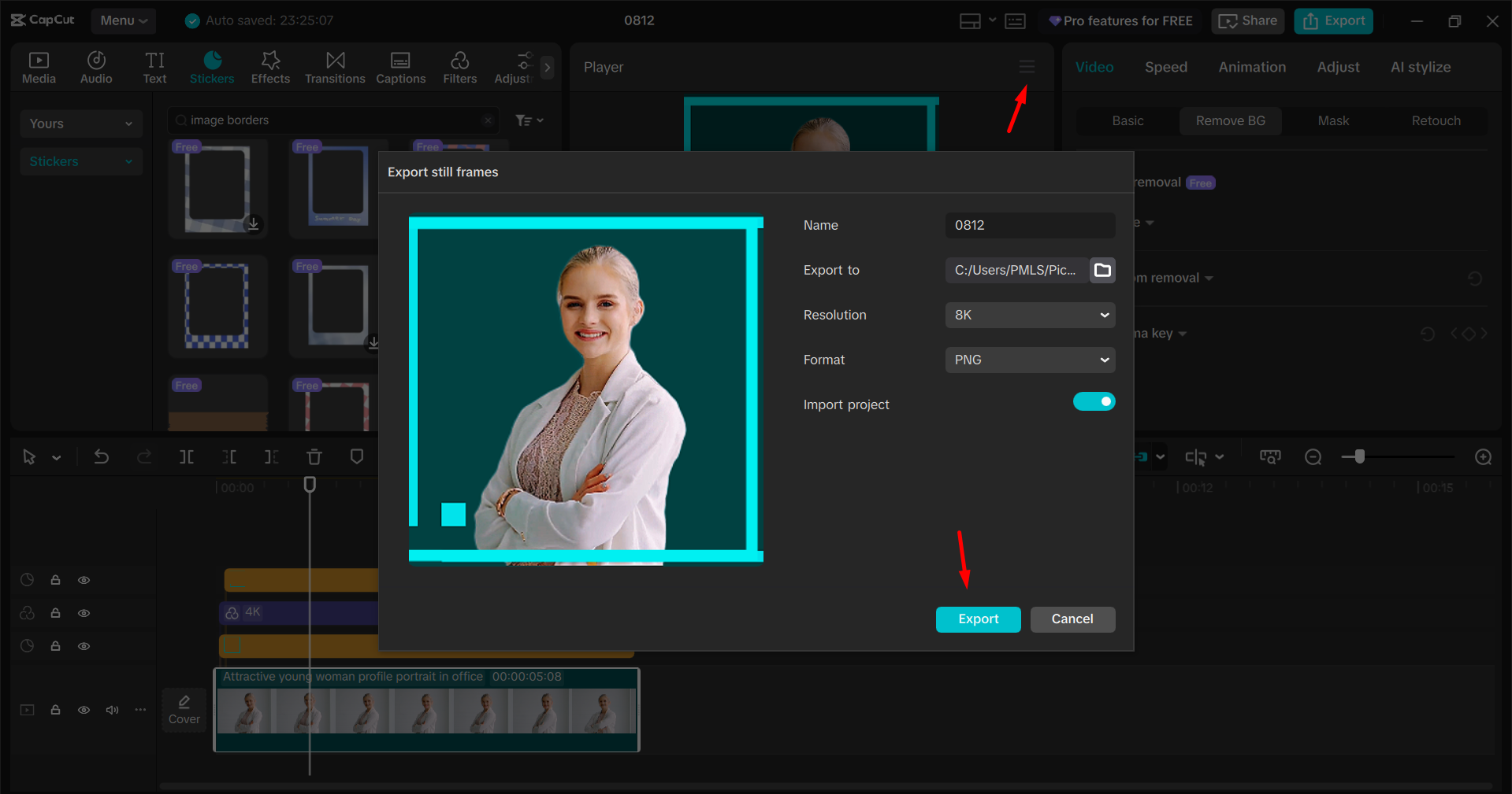 Downloading the image from the CapCut desktop video editor