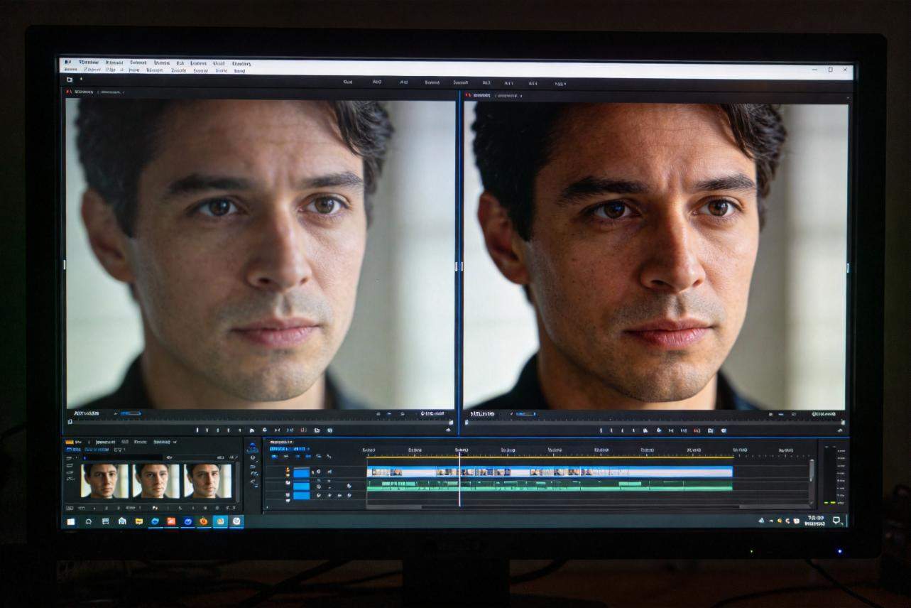 Video editing software showing a blurred face beside a sharper enhanced version