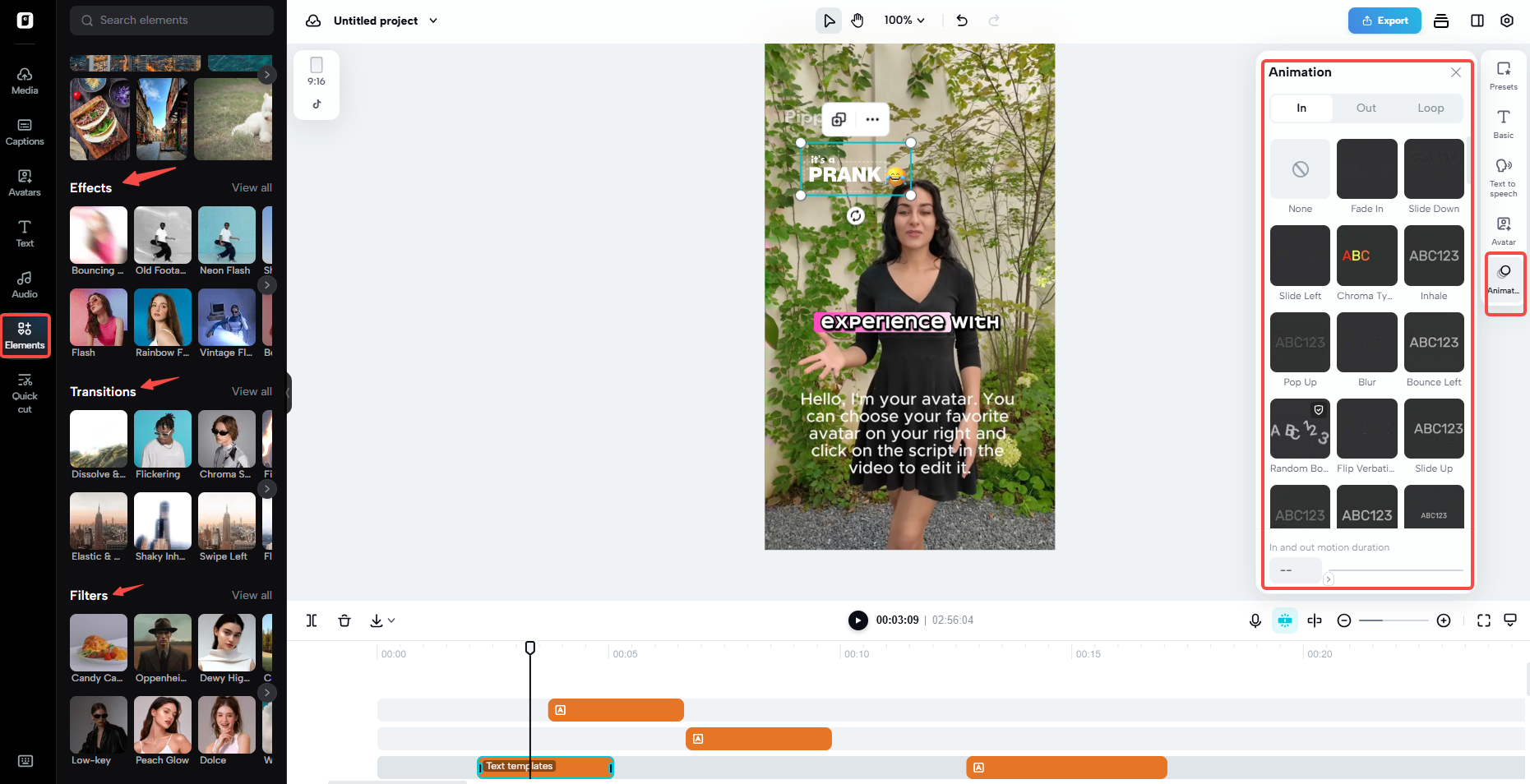 animations, effects, and filters in Pippit