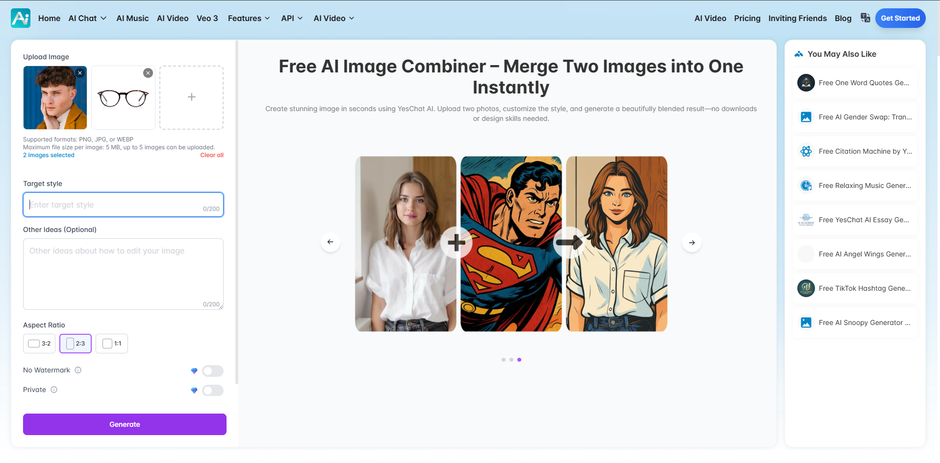 Interface of YesChat.ai - the most liked tool to merge photos with AI