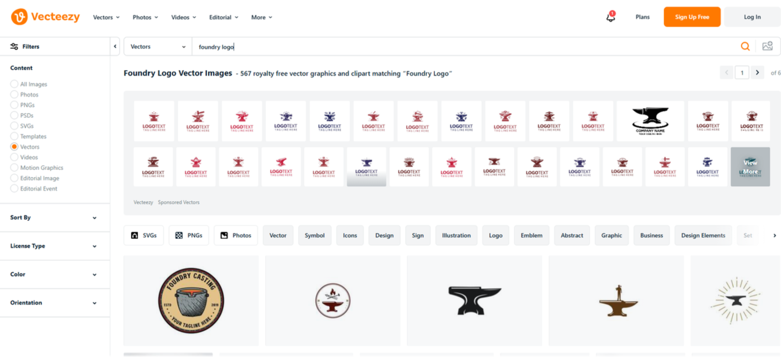 Interfejs Vecteezy - narzędzia z różnorodnymi projektami logo odlewniczymi.