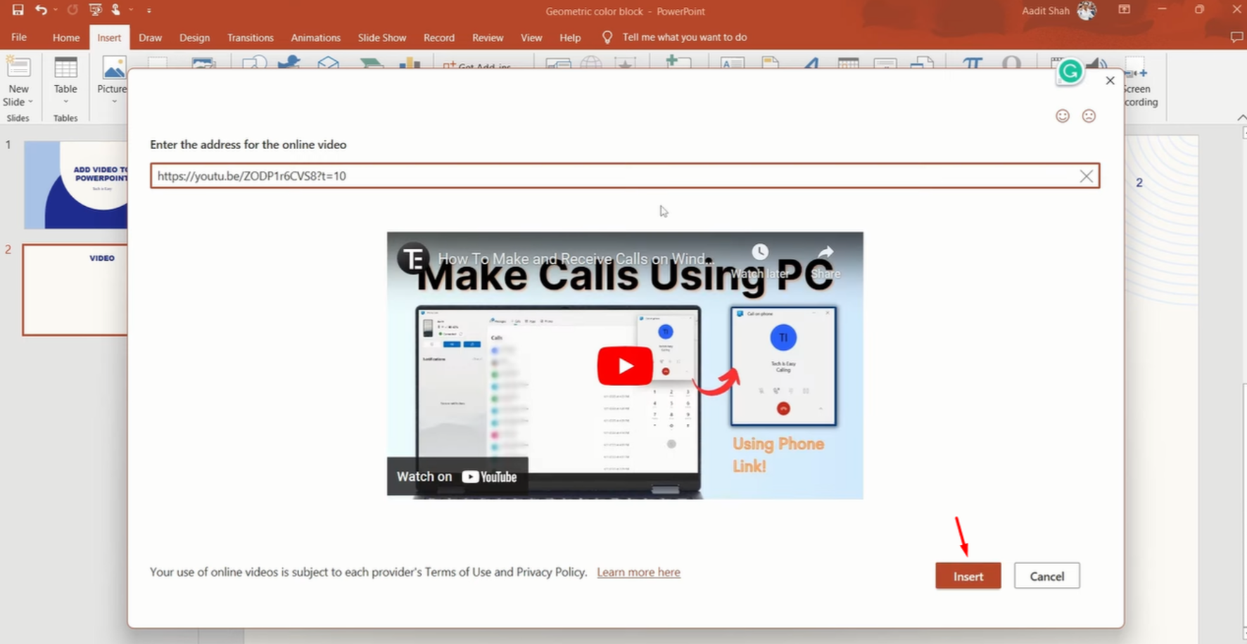 Pasting a link to add a YouTube video to PowerPoint