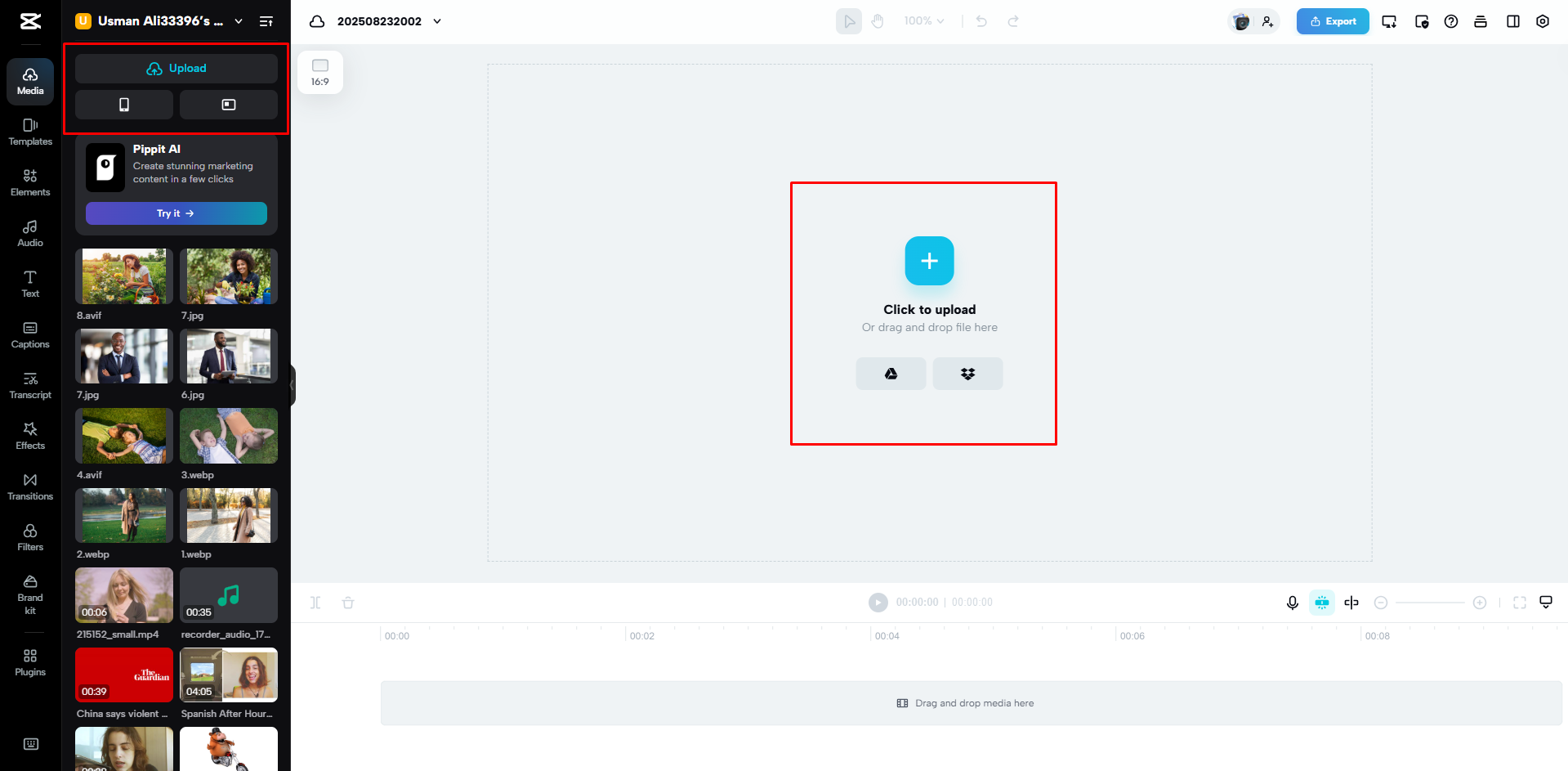 Uploading a video to CapCut Web