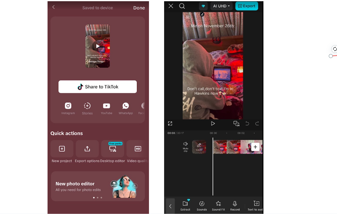 Export panel displaying template sharing options in capcut