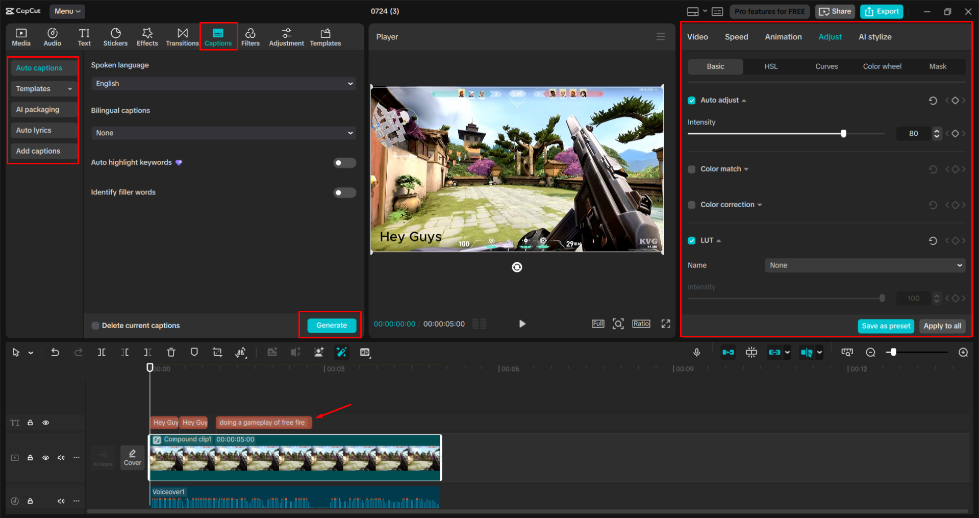 Редактирование видео в настольном видеоредакторе CapCut